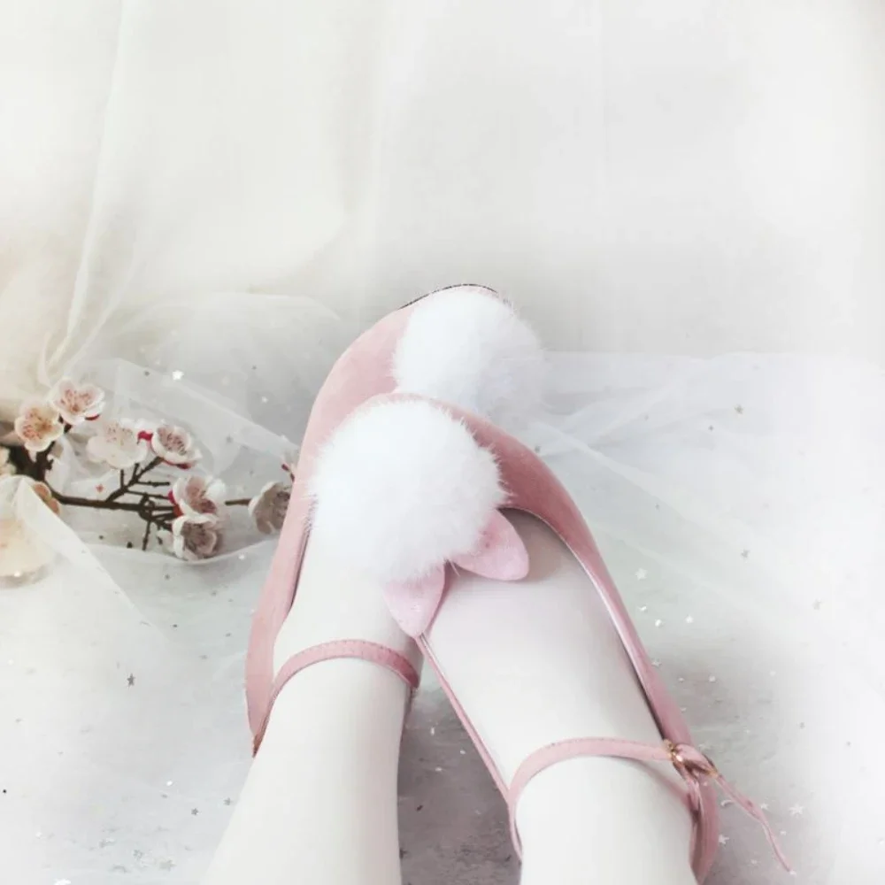 Zapatos Kawaii de punta redonda con orejas de conejo para niña, calzado de Lolita, punta redonda, tacón grueso, Jk, Otoño e Invierno