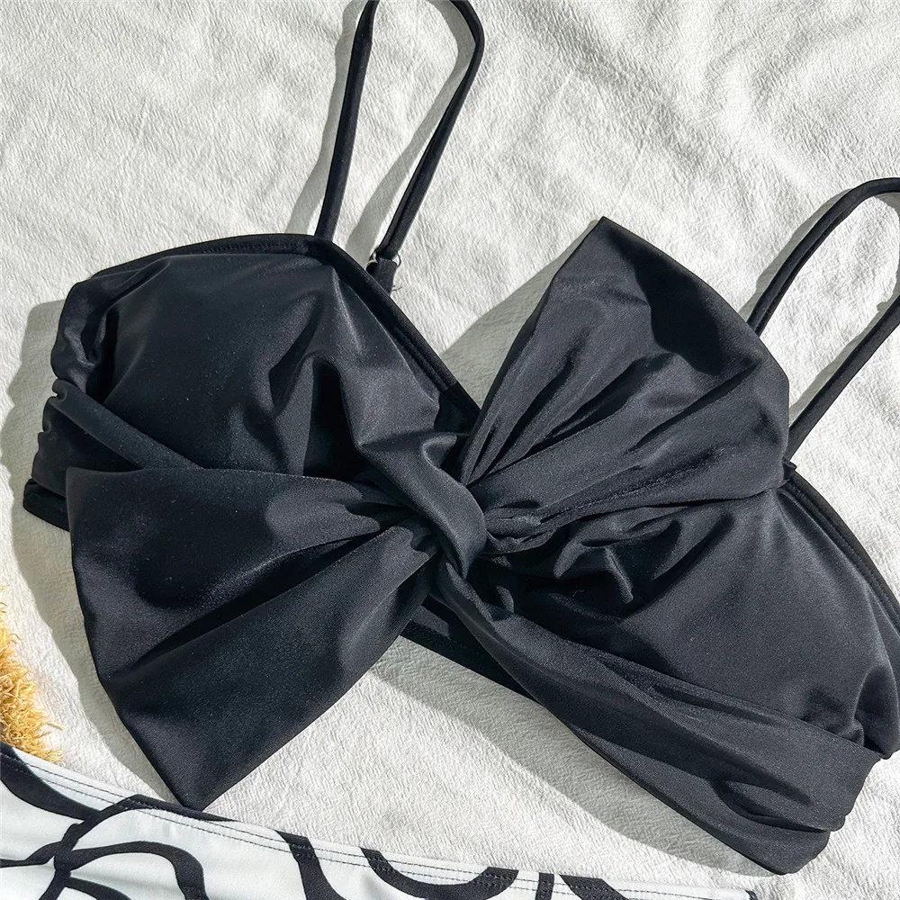 Sexy Black Front Big Bow Knotted Swimwear High Waist Bikinis Sets Wave Print Swimsuit Woman 2026 Ruched Bather Bikini Mujer