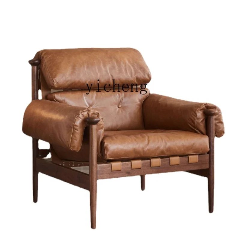 

Black Walnut Medieval Retro French Brazil First Layer Leather Sofa Armchair