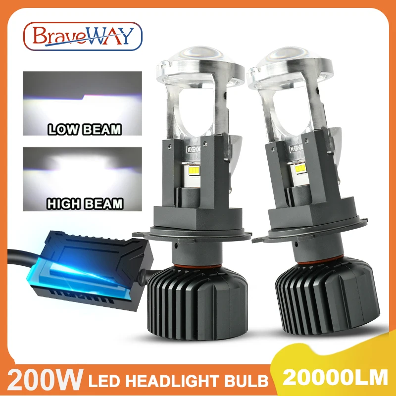 BraveWAY H4 LED Projector Headlight Bulbs 9003 HB2 LED Lights Hi-lo Beam 200W 20000LM