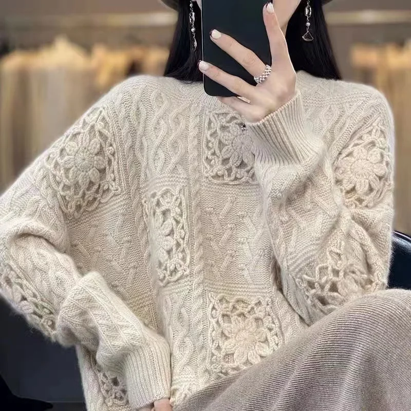 Y2K Cashmere Hollow Out Loose Women\'s Sweater Autumn Winter Female Long Sleeve Oversized Hook Knitted Pullover Tops F829