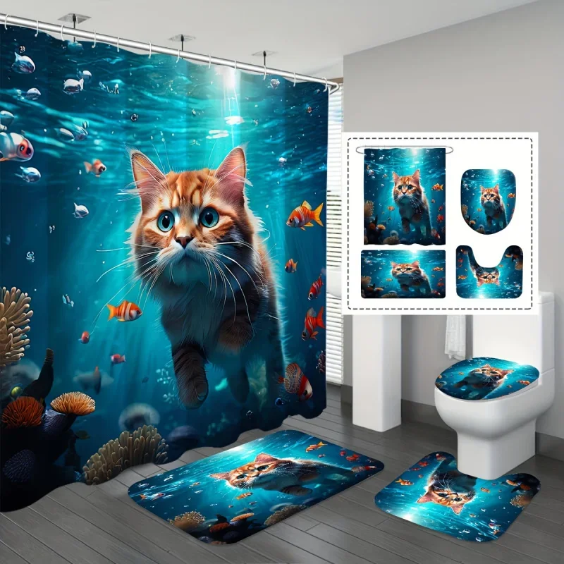 

4pcs Blue Underwater Swimming Cat Fish Group Bathroom Set, Machine Washable, Shower Curtain, Non-slip Bath Mat, U-shape Mat,