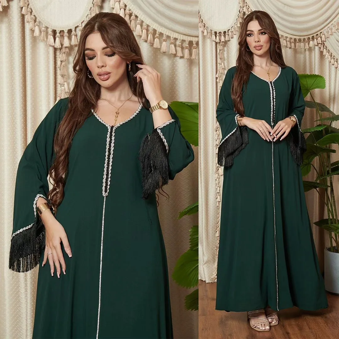 AB329 Muslim rhinestone dress with diamond studded fashion tassel patchwork robe Dubai Saudi women's clothing