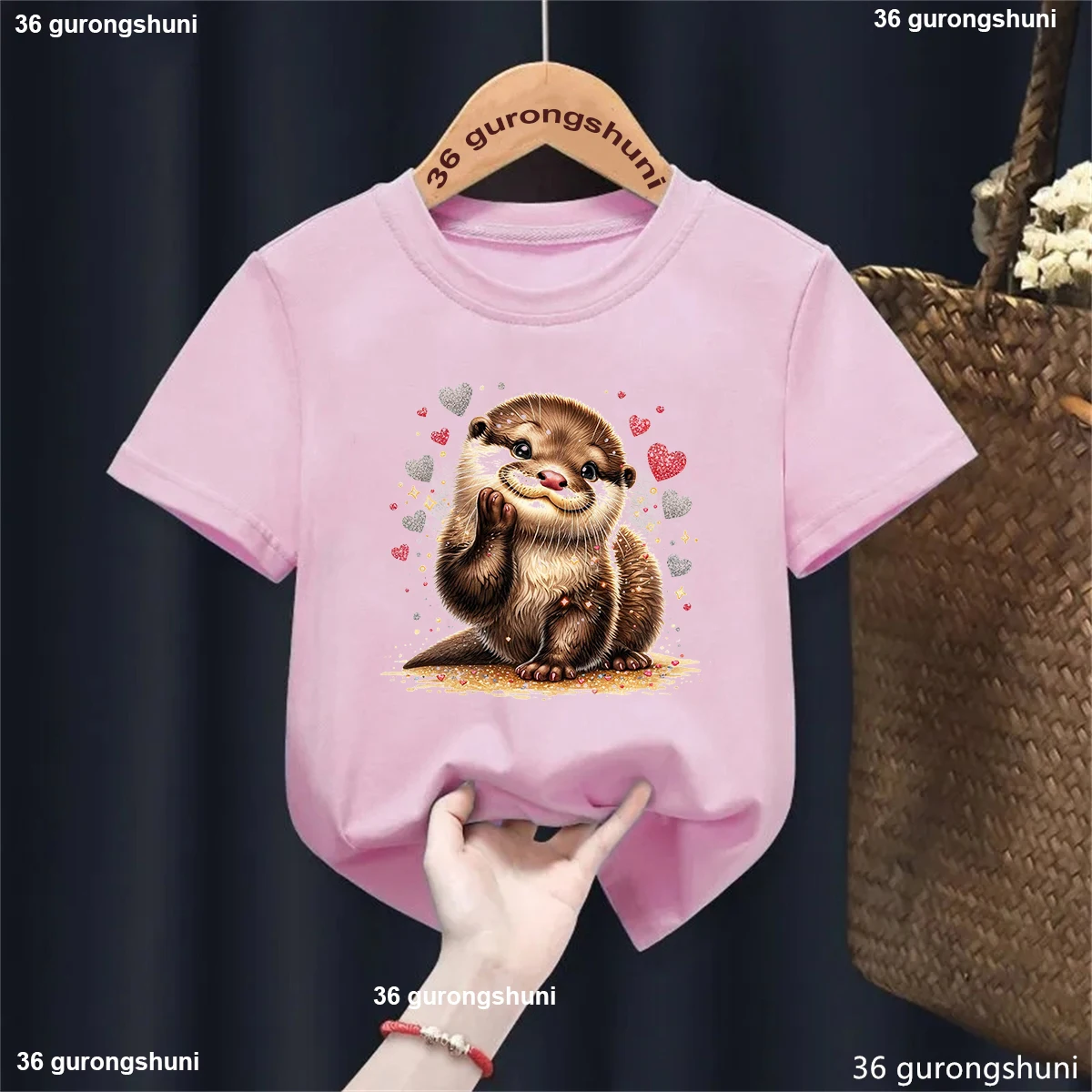 Harajuku Kawaii Kids Clothes Funny Glitter Otter Love Flowers Animal Printed Tshirt Girls/Boys Summer Fashion T Shirt Tops