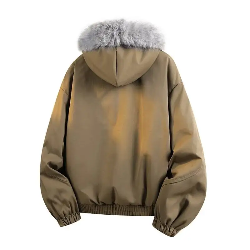 Furry Hood Oversized Winter Padded Jacket Unisex Double Zipper Snap Button Elastic Hem Warm Short Parka Outerwear 72T6