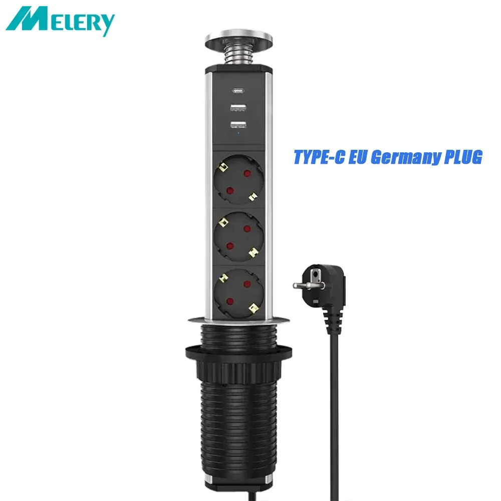 Melery Type-C Pop Up Sockets Germany Power Strip Desktop Hidden EU Plug 3 Outlets Switch Phones Kitchen Office Extension Cord