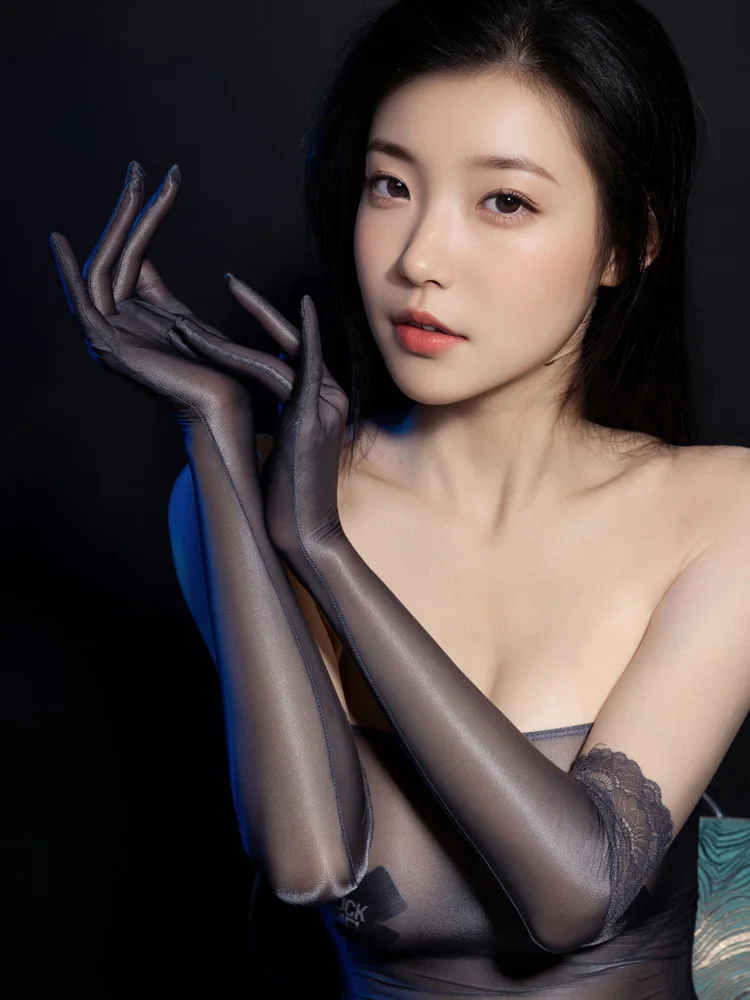 Sexy Women Lace Oil Glossy Shiny Elastic Glove Sheer See Through Ultrathin Sunscreen Driving Dance Glove Luxury Plus Size