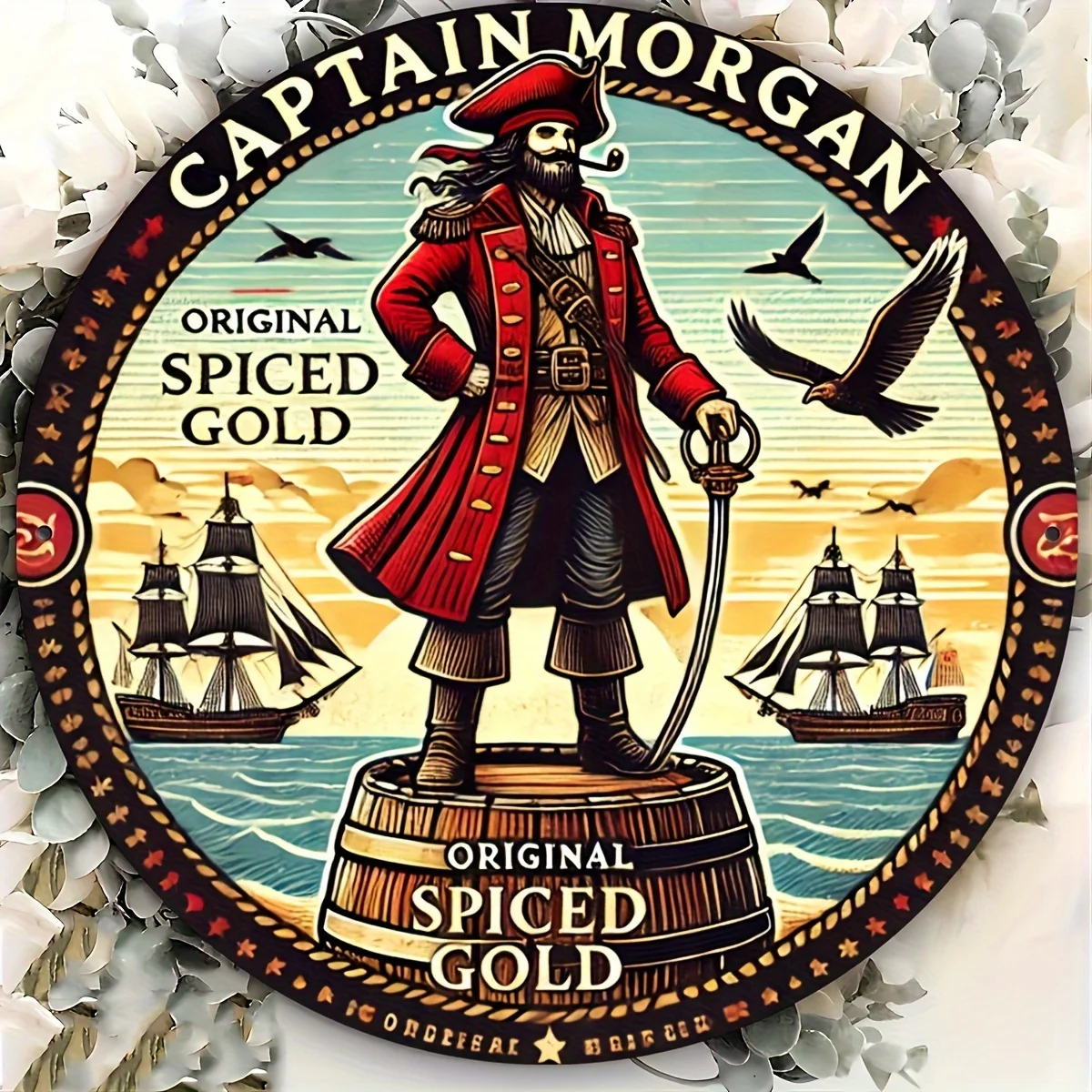 علامة نقش من رقائق الألومنيوم المستديرة الذهبية المتبلة الأصلية من كابتن مورغان، ديكور جداري متعدد الأغراض للمنزل والبار