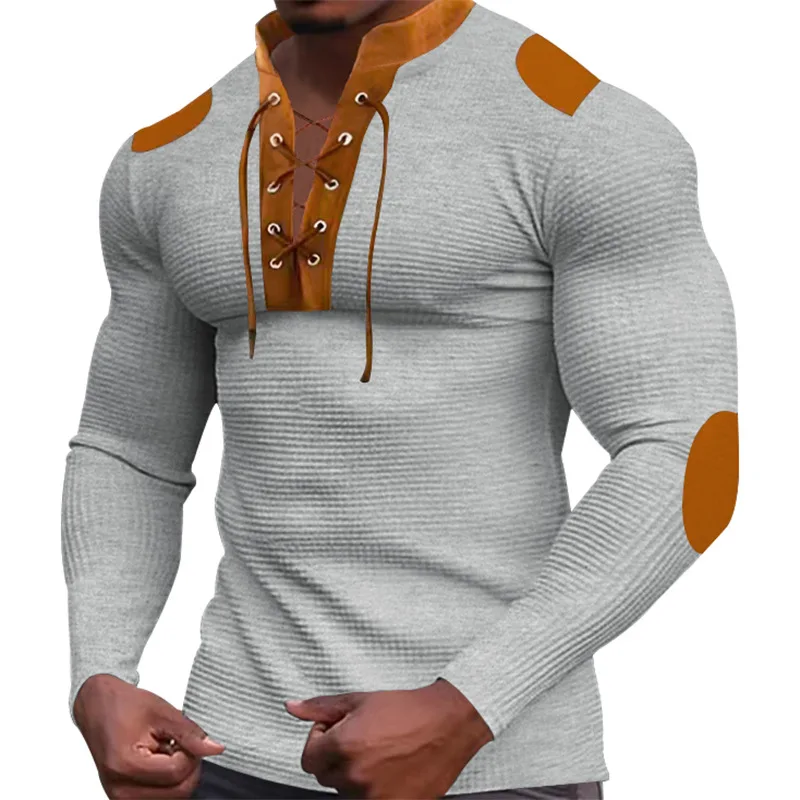 Cross-border new men\'s waffle color matching strap V-neck top casual long-sleeved bottoming T-shirt