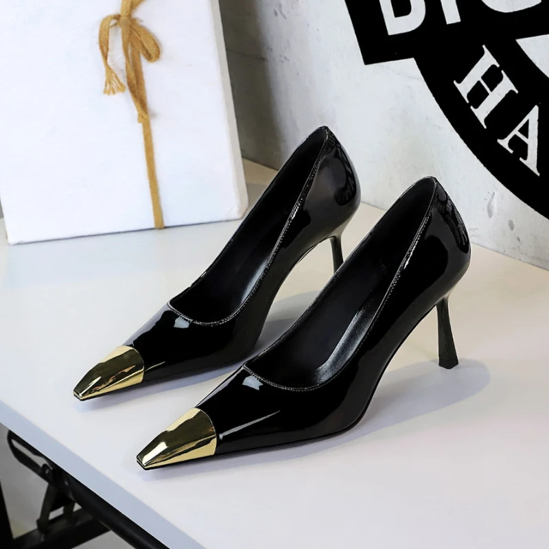 

European Fashion Metal Square-Toe High Heels Shallow Mouth Single Shoes For Women's Thin Heels Leopard Print Nightclub Fashion