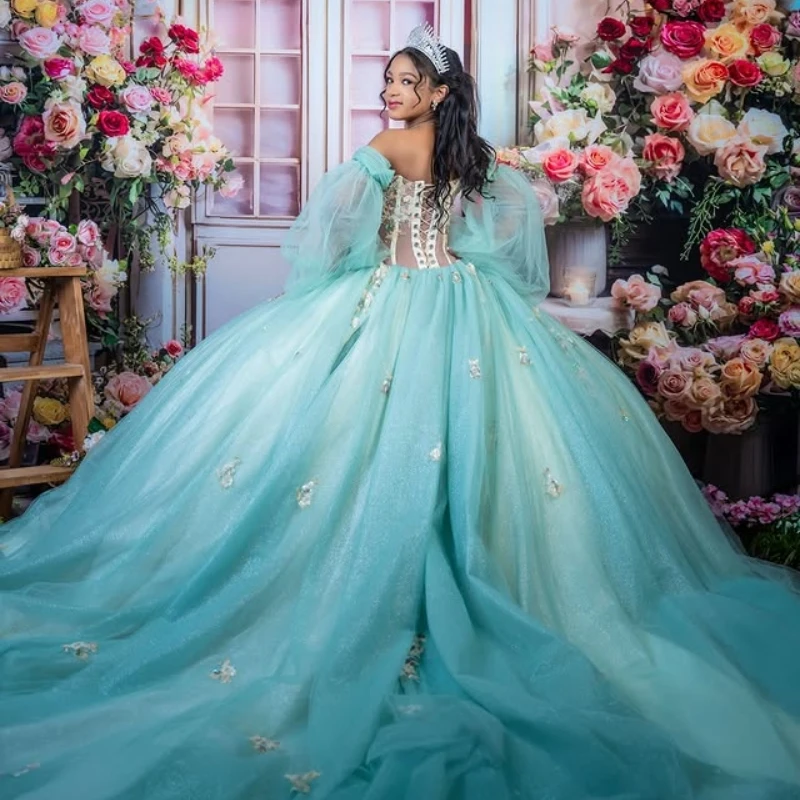 Mint Green Quinceanera Dresses Ball Gown Off Shoulder Appliques Lace Beading Crystal Tull Puff Sleeve Birthday Payty Sweet 16