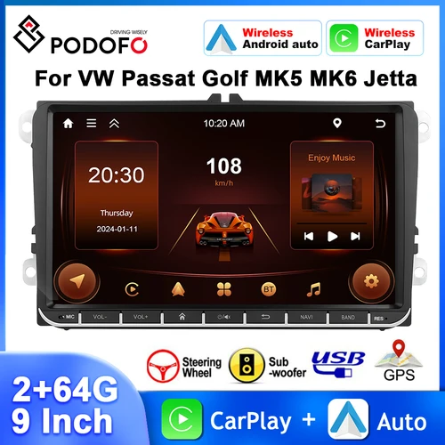 Podofo 9inch android autoradio für vw passat golf mk5 mk6 jetta multimedia player carplay android auto 2 64g gps navigation wifi