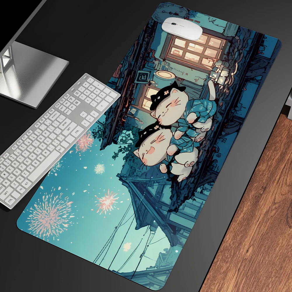 Blue Cat Desk Mat Gaming Mouse Pad Nature DeskMat Floral Plant Laptop Keyboard and Mouse Mat Dark Sage Women Office Desk Decor