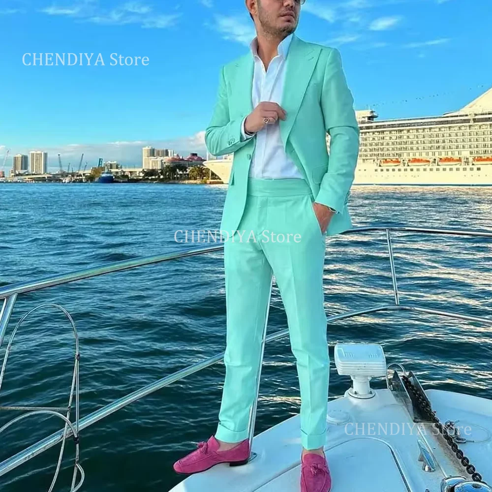 

Fruit Green Men's Suits Peak Lapel Classic Single Breasted Elegant Slim Fit 2 Piece Jacket Pants Wedding Groom Traveling Costume