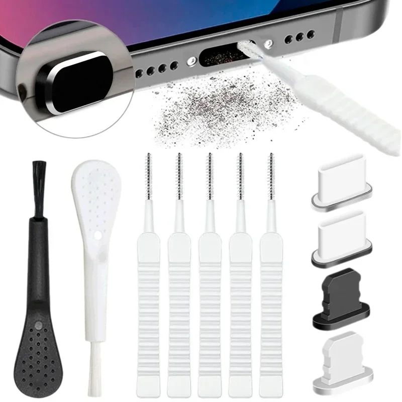 10/1Pcs Cell Phone Charging Port Dust Plug with Cleaning Brush for iPhone 17 Pro Max Plus Samsung Xiaomi iOS Type C Cleaner Set