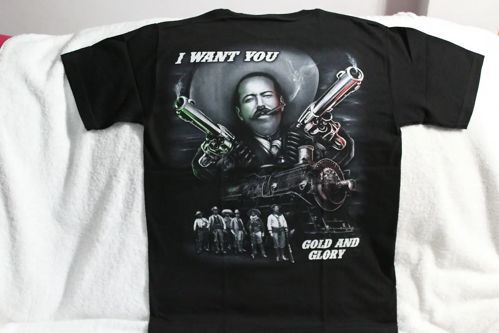 

PANCHO VILLA TRAIN GUN REVOLUTIONARY I WANT YOU GOLD AND GLORY T-SHIRT