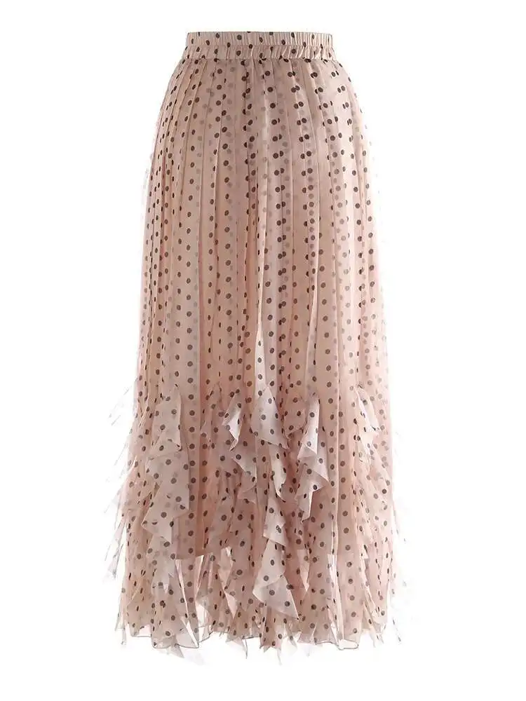 

High Elastic Waist Black Dot Printed Chiffon Ruffles Half-body Skirt Women Fashion Tide New Spring Autumn