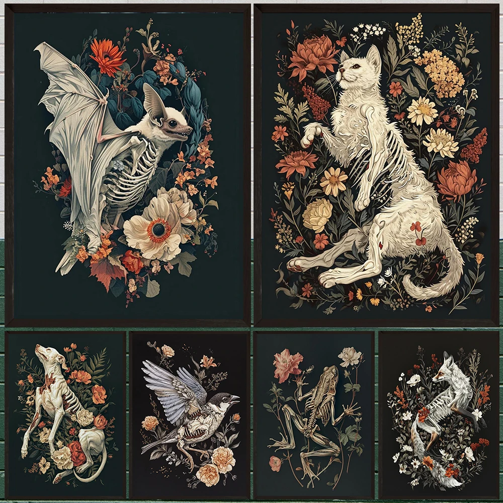 Macabre Animal Skeleton Amidst Dark Floral Bloom,Abstract Wall Art Canvas Painting,Floral Skeleton Gothic Art Poster Print Decor