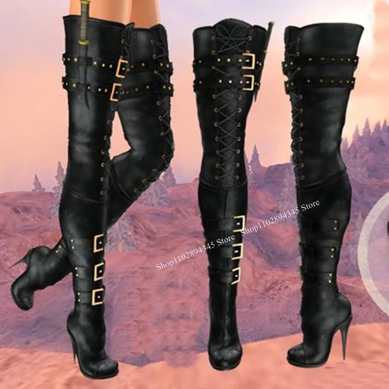 Black Buckle Over Knee High Boots Round Toe Thin High Heel Fashion Sexy 2024 Winter Big Size Woman Shoes Zapatillas Mujer