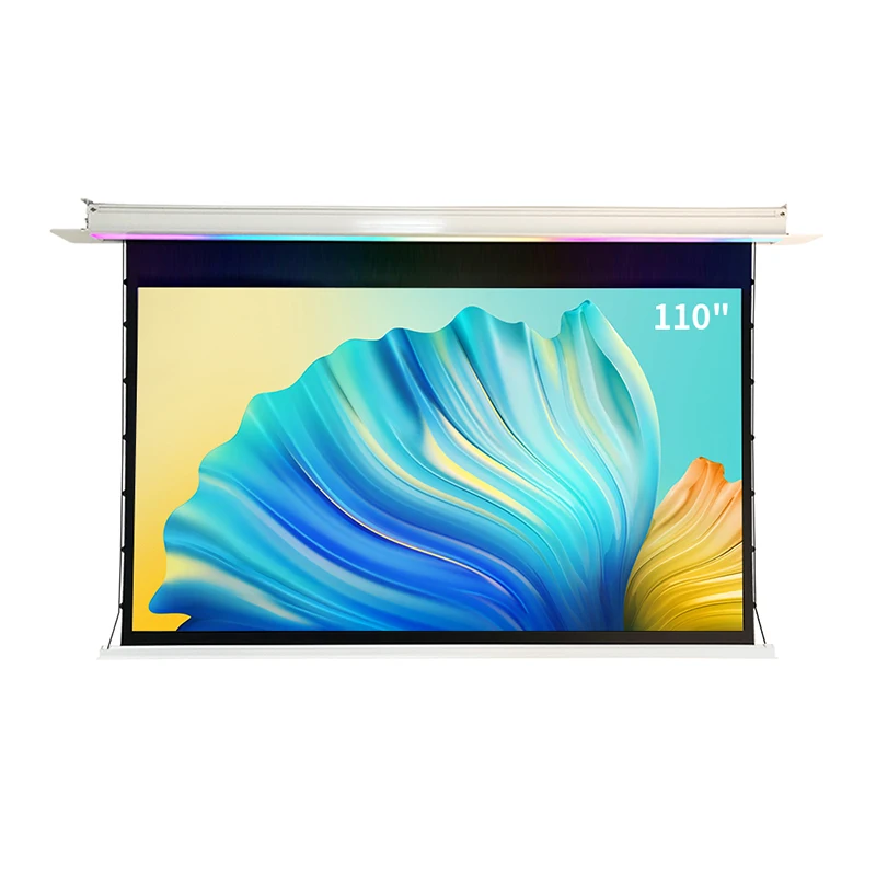 

110" Tab tension In Ceiling Motorized Projector Screen Polyfunctional Drop Down Projection Screen with LED light