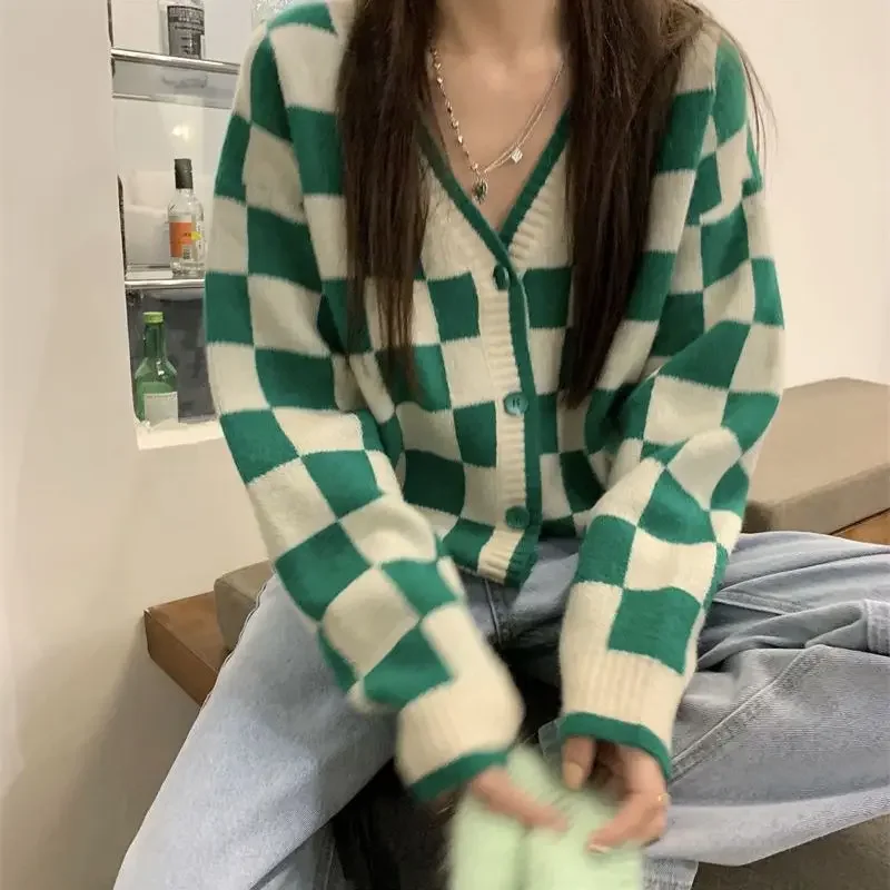 

Women's Jacket Checkered V-neck Knitted Cardigan Short Top Lazy Style Retro Sweater