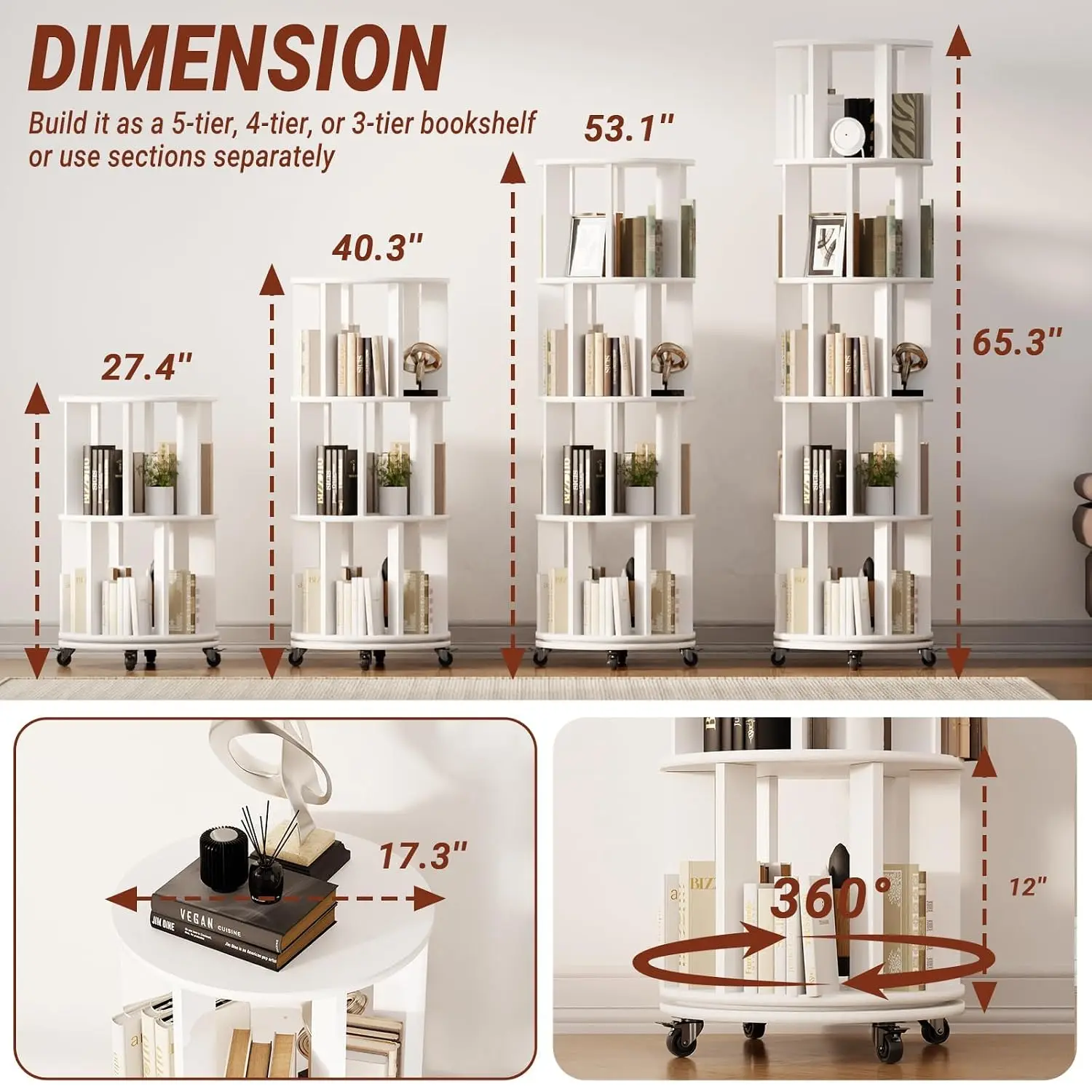 Rotating Bookshelf 4-Tier 360° Spinning Storage Organizer 53.1