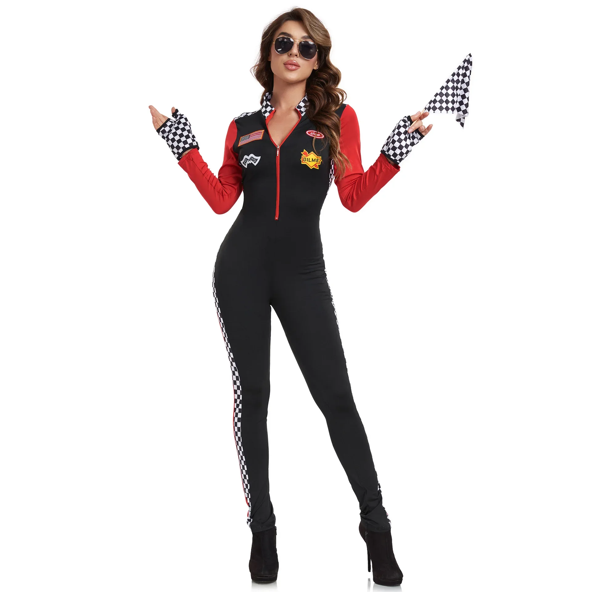 

Women's Race Car Driver Cosplay Costume Halloween Black and Red Jumpsuit Female Long Sleeves Cheerleaders Uniform