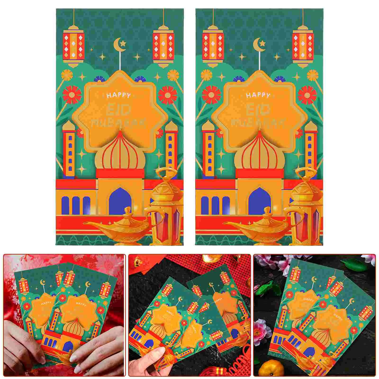 4 Pcs Greeting Cards Red Envelopes for Eid Festival Cash Packing Celebrations Green Invitations Paper Money