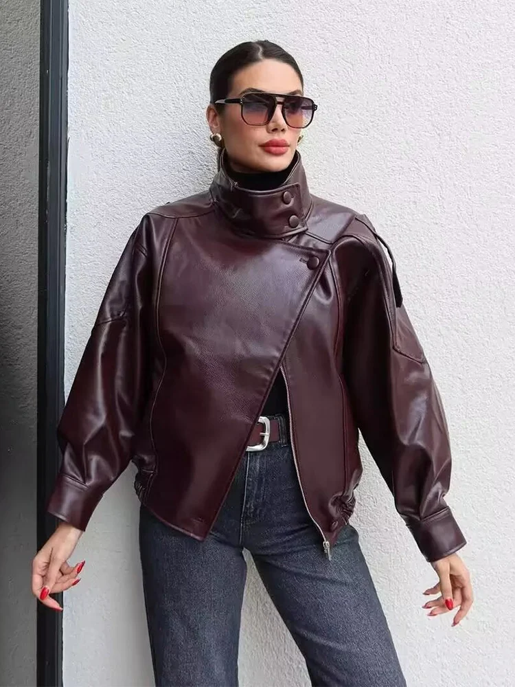 Casual Women Chic Leather Jackets Long Sleeve Zipper Elastic Oversized Coats Fashion 2025 Fall Winter PU Streetwear Coats