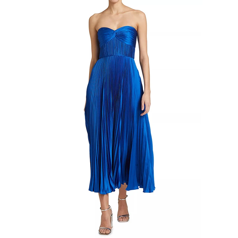 여성 섹시한 민소매 솔리드 컬러 파티 드레스 패션 Pleated 빅 스윙 이브닝 드레스 우아한 Strapless Backless Zip Long Dress