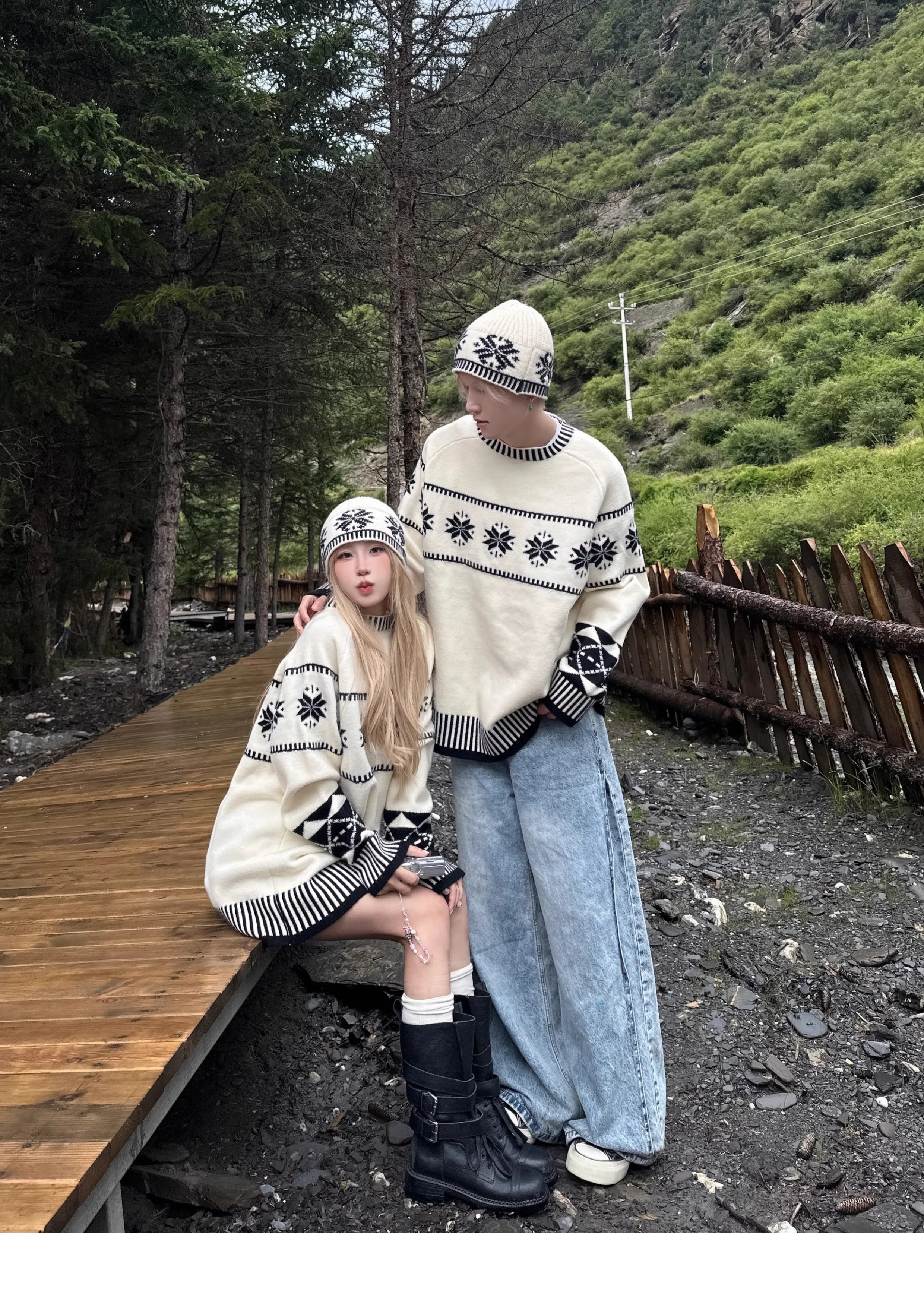 2025 خريف شتاء جديد الكورية نمط فضفاض عادية للجنسين المشمش الجاكار الجولة الرقبة طويلة الأكمام محبوك سترة