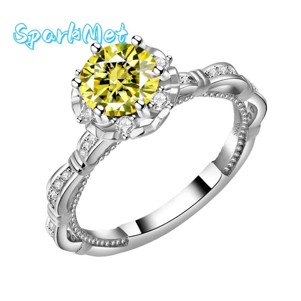 

SparkMet 100% настоящее кольцо с желтым муассанитом 1 карат и сертификатом, пройденное испытательное кольцо с бриллиантом, женские вечерние ювелирные изделия, подарок, серебро S925