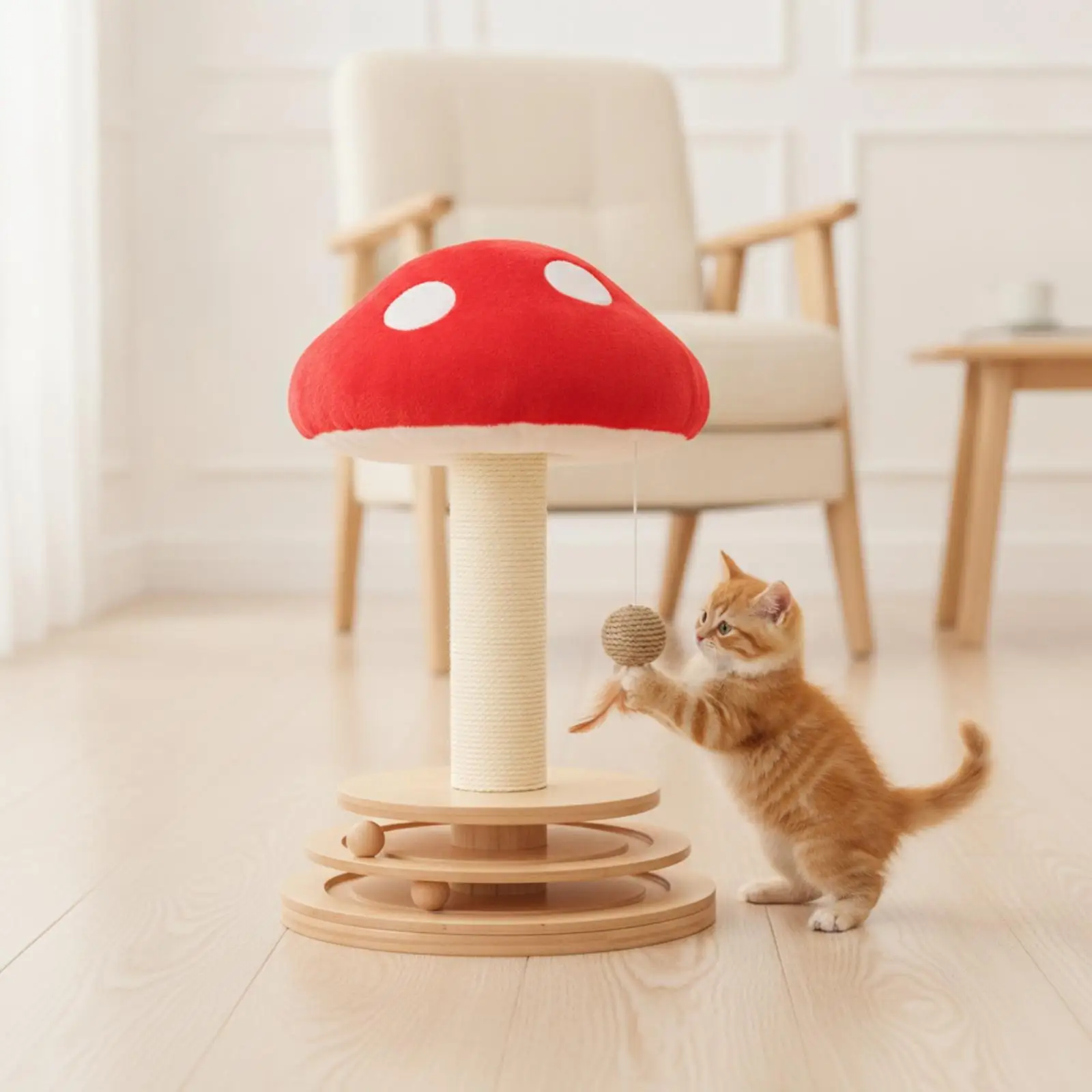 Toadstool Cat Scratching Pole | Sturdy Round Wooden Base, Multifunctional, Cat scratching pole with Ball Track, for Living Room