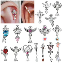 1PC Stainless Steel Angle Dangle Ear Tragus Cartilage Earrings Cz Dangle Lobe Helix Screw Ball Heart Evil Piercing Body Jewelry
