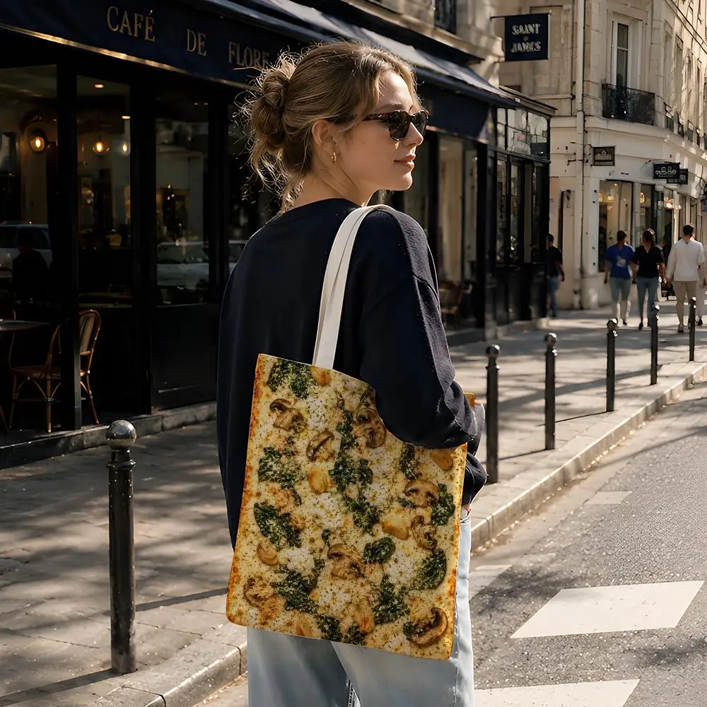 Food Retro R-Retro Hand-Drawn Pizza Storage Bags Reusable Canvas Tote Suitable for School Class Commuting Shopping as Gifts