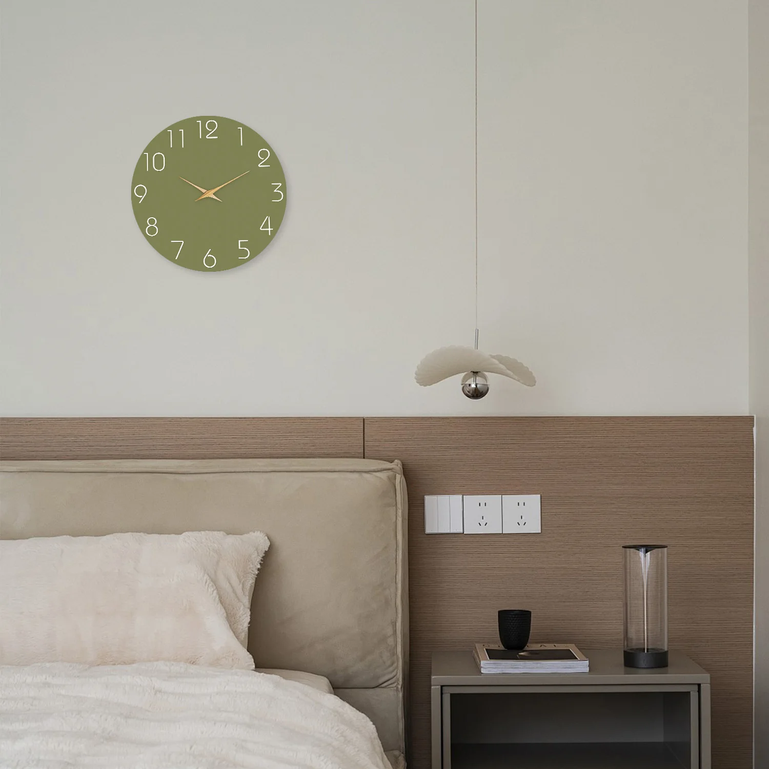 Modern Minimalist White Numbers Green Background Pattern Wooden Wall Clock Living Room Bedroom Kitchen Home Decoration Wall Clock Silent Quartz Clock Holiday Gift 10 Inches 12 Inches 14inch 16inch (No Battery) view 5