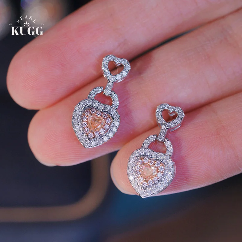 

KUGG 100% 18K White Gold Earrings Elegant Heart Design 0.76carat Real Natural Pink Diamond Earrings for Women Wedding Jewelry