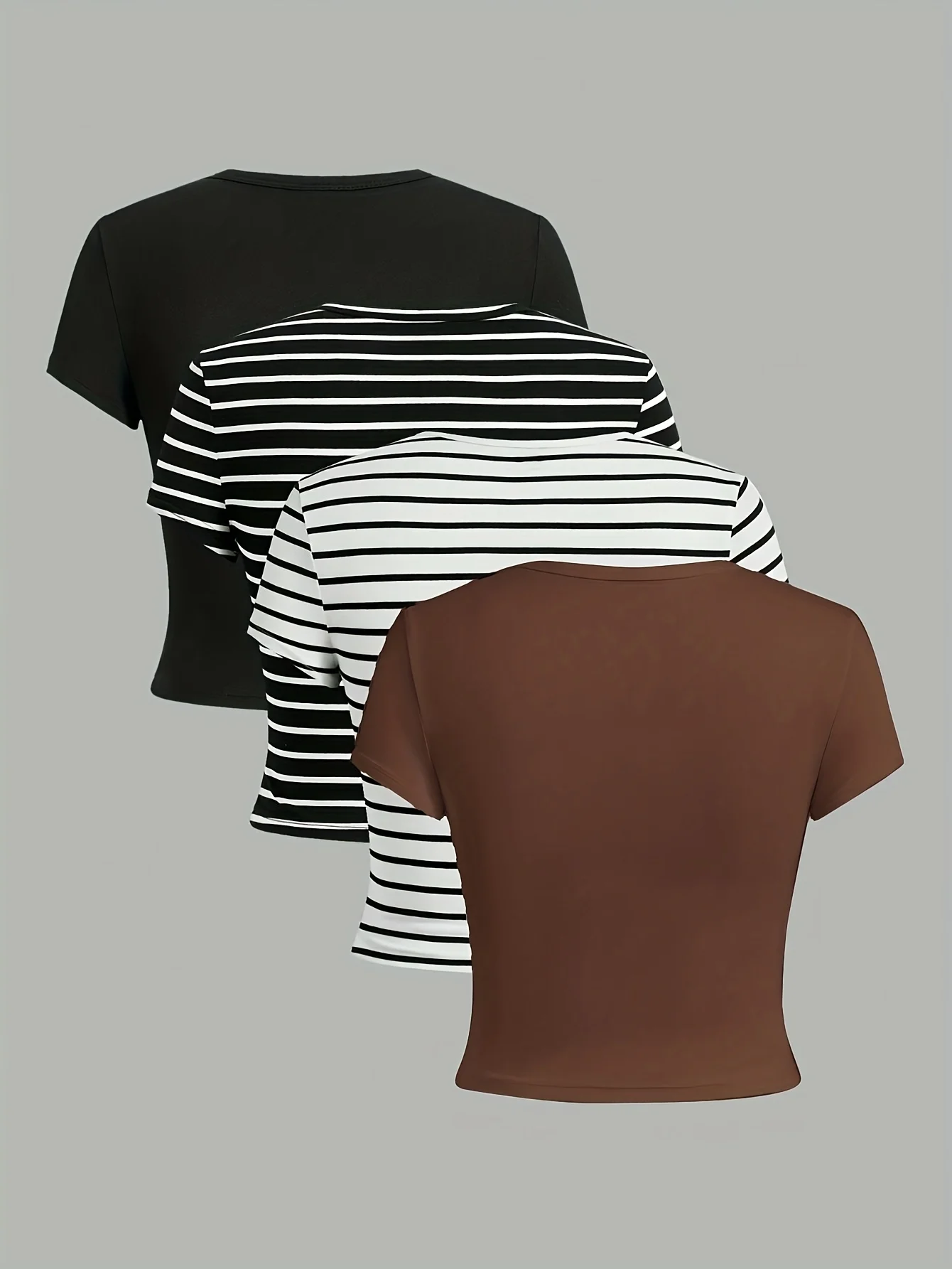 Coffee black striped color, four-color short-sleeved T-shirt basic style, fashion and versatile office casual style for women
