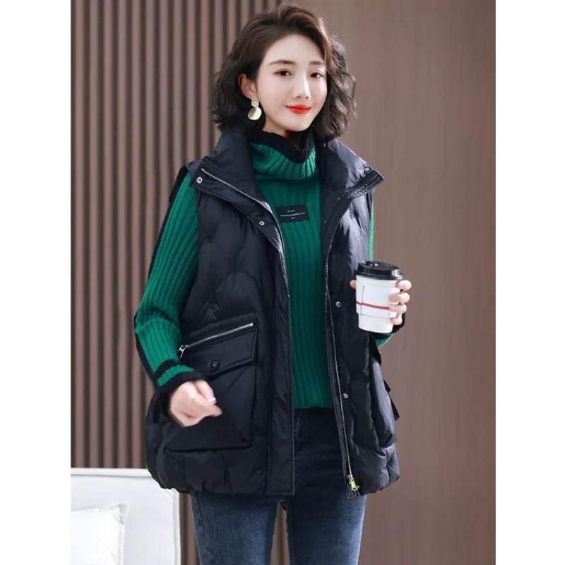 Down Vest Women Autumn Winter Outwear Fashion European Goods 2023 New White Duck Down Black Vest Short Coat  Zipper Trend