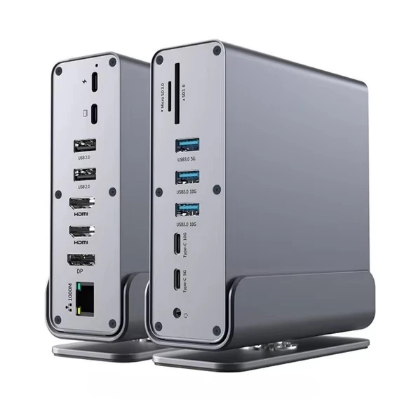 

15-in-1 Vertical Type-C Docking Station with 5 USB Ports, Dual HDTV, TF/SD, Triple PD Charging, RJ45, 3.5mm Audio, and DP