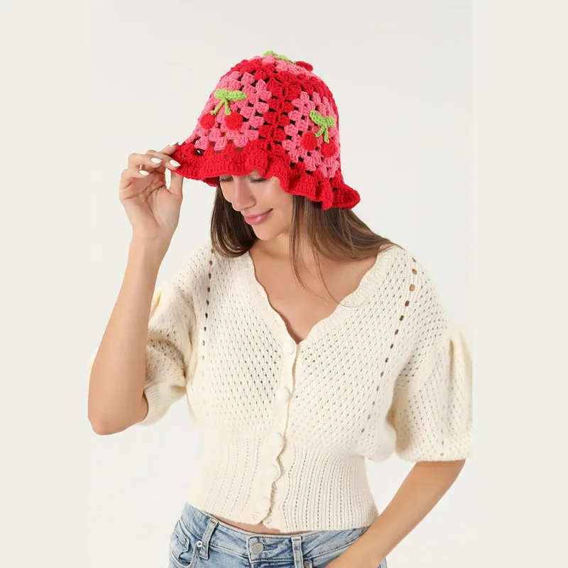 2024  Flower Crochet Bucket Hat Women Summer  Handmade Knit Beanies INS y2k  Korean Fashion  Panama Cap