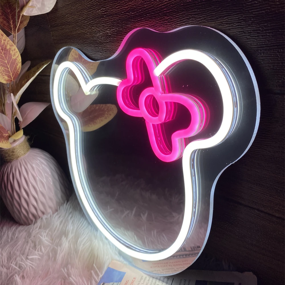 Mirror Neon Lights Cute Cat Bow Knot for Bathroom Vanity and Home Decor Bright Neon Glow LED Mirror Fashion Design Wall Decor