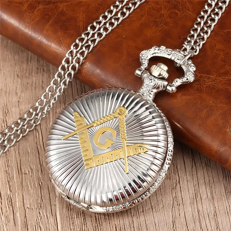 Silver Alloy Case Freemasons G Design Full Hunter Masonic Quartz Pocket Watch for Men Women Sweater Chain Timepiece Reloj