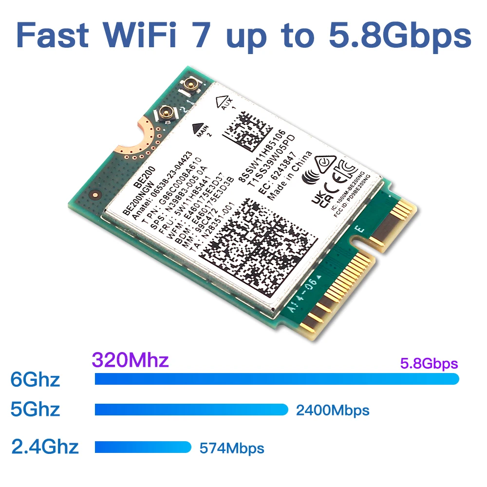 Imagem -02 - Adaptador de Rede Fenvi-wifi para pc Portátil Cartão Be200 Bluetooth 5.4 Be200ngw 2.4 Ghz Ghz 5.8gbps Windows 10 11