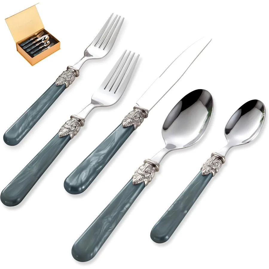 

20 pieces 18 10 Stainless Steel Silverware Sets With Deep Grey HandleVintage Cutlery Sets Sliverware set Service for 4 Dishware