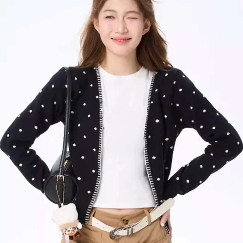 

Женский вязаный кардиган с принтом в горошек, осень 2023, облегающий короткий свитер с v-образным вырезом, винтажные модные топы Y2k с длинными рукавами