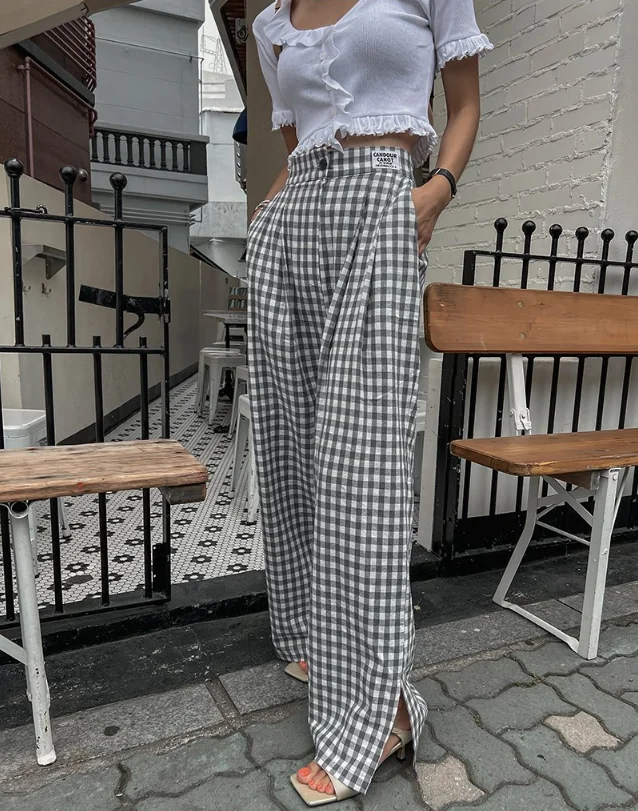 

Women's Plaid Wide Leg Casual Pants High Waist Slimming Taped Loose Straight Vintage Pleated Long Trousers Commute Style Cott...