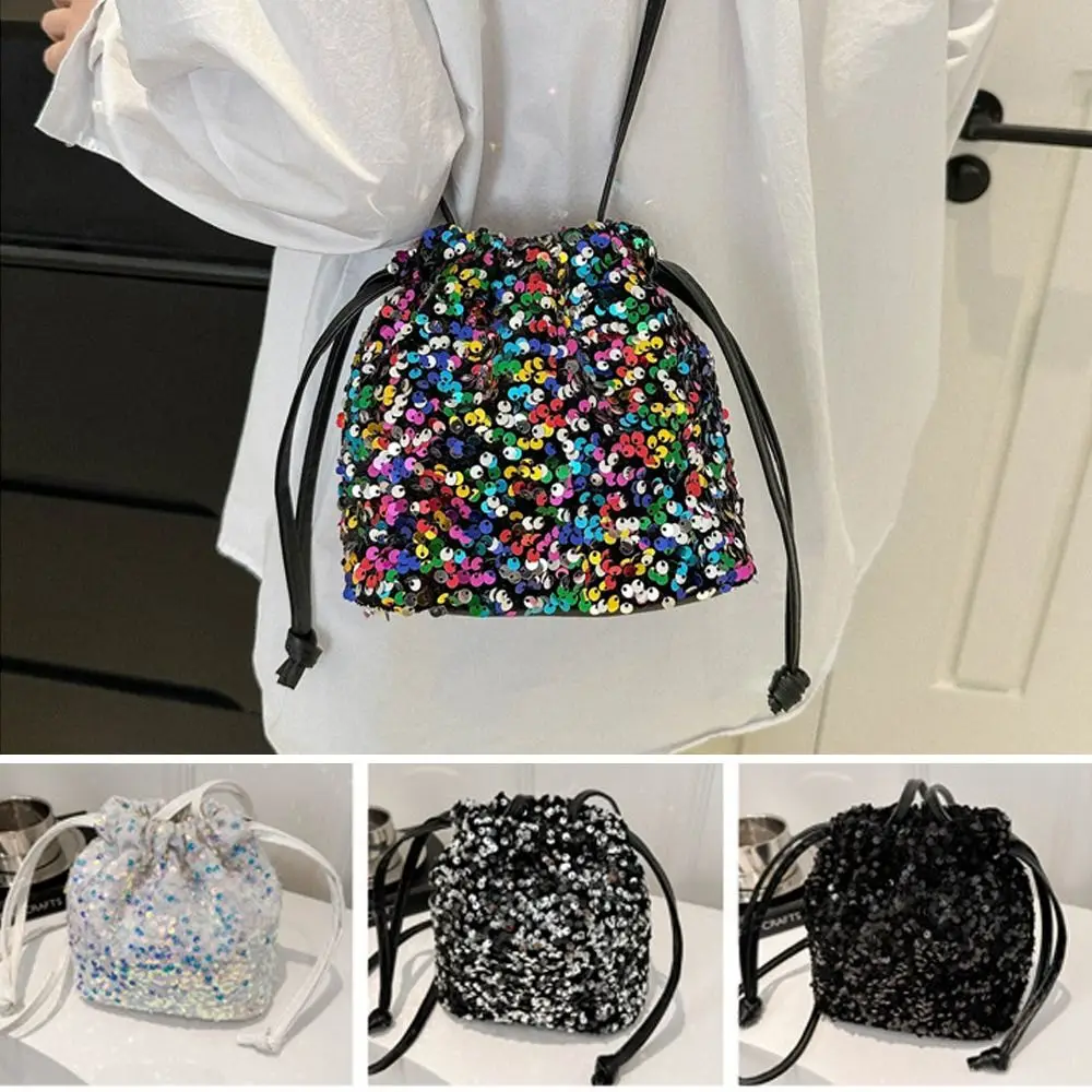 Fashion Versatile Sequin Shoulder Crossbody Bag Trendy Simple Women Small Handbag Drawstring Bucket Bag Party Wallet Purse