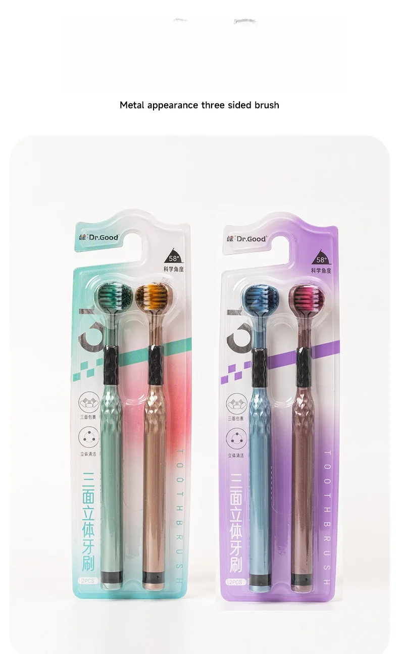 Soft Bristle 3D Triple Head Toothbrush for Adults with Tongue Scraper Home Care Manual Brush image 6