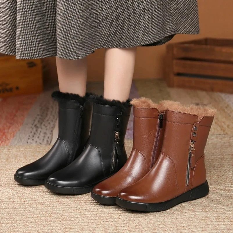 2025 الشتاء الصوف أحذية حريمي برقبة جلد طبيعي دافئ جولة تو البريدي جديد شقة مع الترفيه الخياطة منصة الأحذية